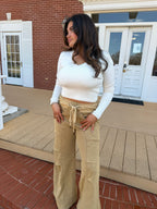 Drawstring Wide Leg Pants-Khaki