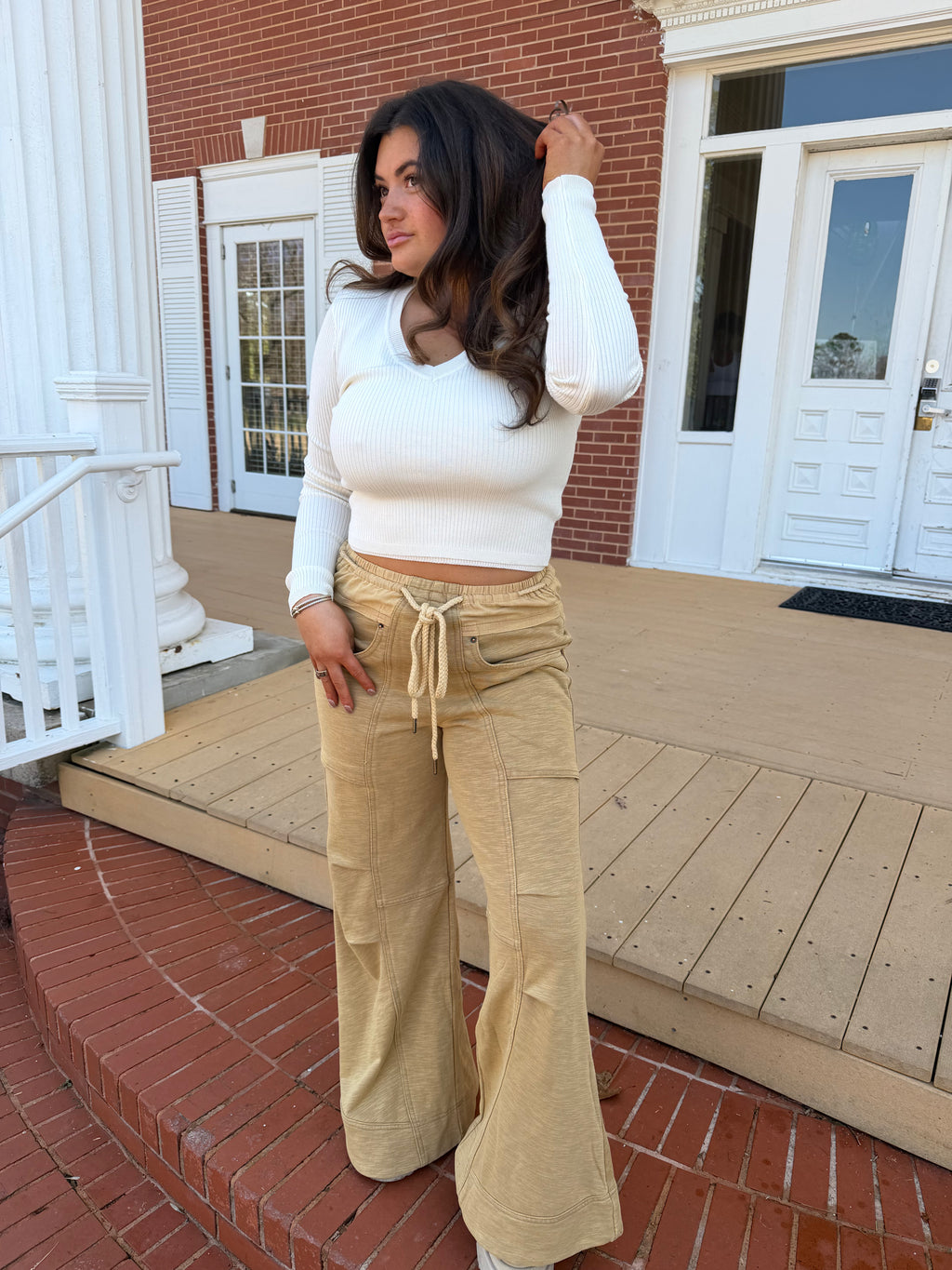 Drawstring Wide Leg Pants-Khaki
