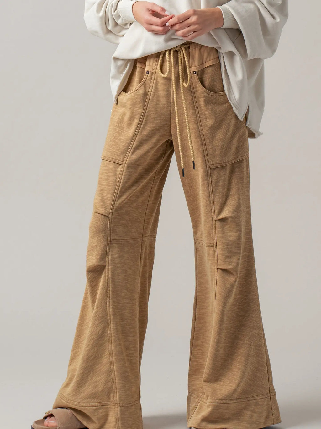 Drawstring Wide Leg Pants-Khaki
