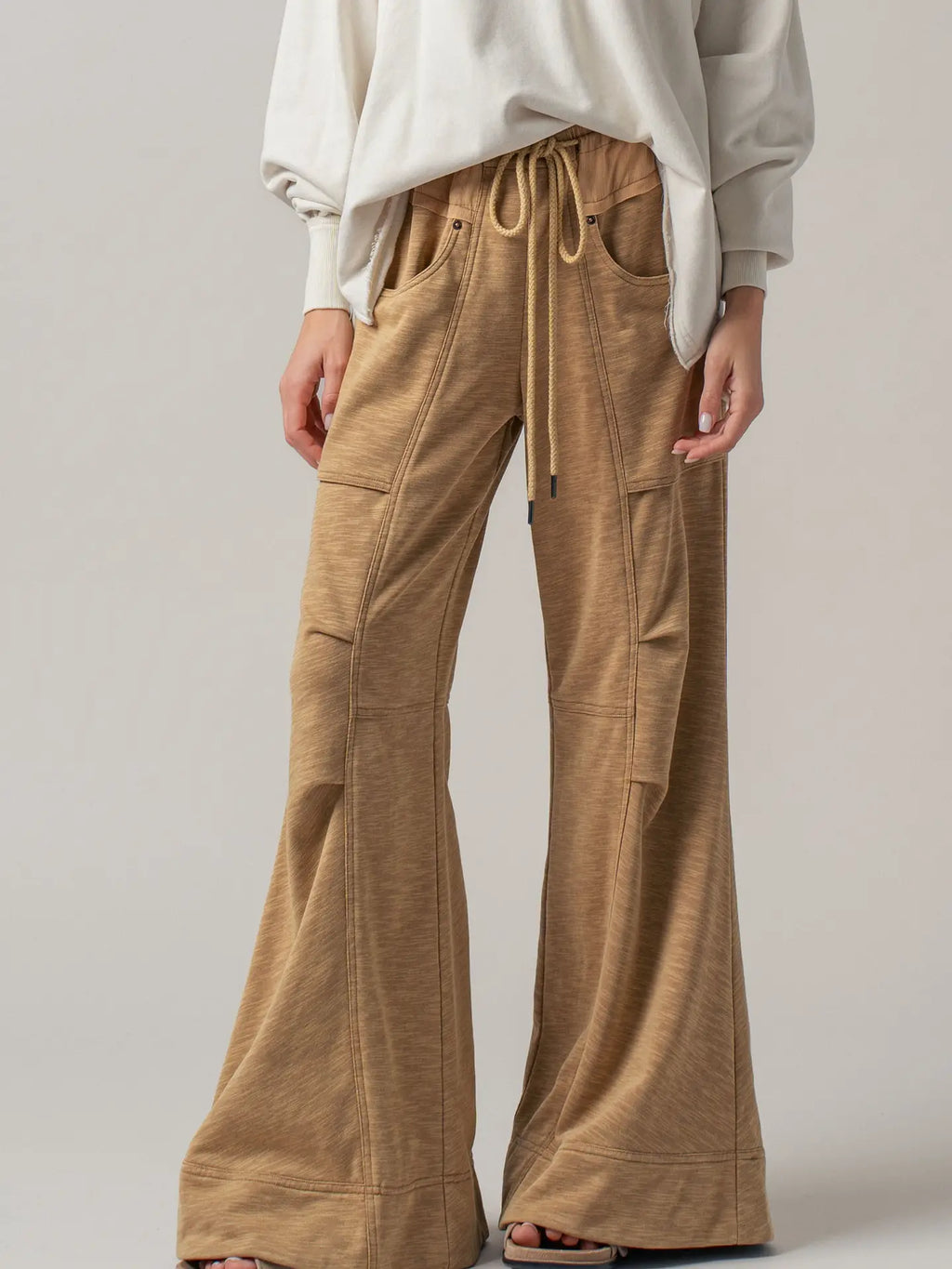 Drawstring Wide Leg Pants-Khaki